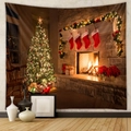 Detail of Christmas tapestry showing fireplace and tree hanging on a white wall - Gt100586 / 73X95CM (Brushed Fabric)