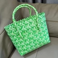 Handwoven green plastic tote bag with double handles and decorative zigzag edge - Medium (No Bow) / Green Beige