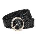 Glossy black woven PU leather belt featuring a textured golden round metal buckle - Black