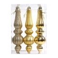 Three gold cone Christmas ornaments with glitter, matte and glossy finishes in a clear box - Gold