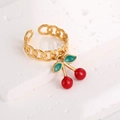 Golden cuban link ring with vibrant red cherry pendant and green leaves detail - Single Cuban Link Style (J-20021)