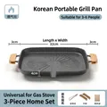 32cm Korean Maifan stone BBQ grill pan with wooden handles and oil drain grooves - Green Square [Gas Stove Model] with Clip + Rope + Wood Handle + Storage Bag