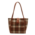 Bolso tote retro de lana a cuadros marrones con asas de cuero y cierre de botón - Cuadros Verdes