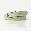 Mint green slim leather belt with golden wave buckle and white contrast stitching - Green