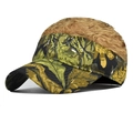 Detailed view of camouflage baseball visor with attached brown curly wig hair decoration - Head Circumference 55-60cm / Camouflage Hat with Brown Wig