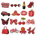 Detailed grid of 16 red-themed embroidered iron-on patches with various fruit and icons - Red Series Patches Set (17 Pieces)