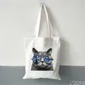 Artistic white canvas tote bag with creative sunglasses cat and Starry Night print - Cat Print