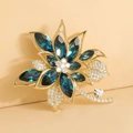 Elegant gold-tone flower brooch with dark blue marquise crystals and clear rhinestones - Large Blue Flower Style (X0180)