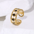 18K gold plated stainless steel open ring with black diamond-shaped enamel patterns - Adjustable / Black