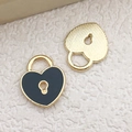 Black enamel heart wing pendant with golden striped texture back for DIY jewelry making - 1Pc Black Heart Shape Lock Charm 11x13mm