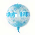 Light blue 4D sphere birthday balloon with white stars and Happy Birthday text - 4D Blue Transparent Birthday