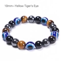 Bracciale di perle occhio di tigre 10mm e malocchio con ossidiana lucida ed ematite - 10mm / 10mm - Occhio di tigre giallo