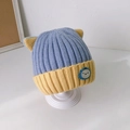 Knit baby hat featuring a blue and yellow color block design with cute ear accents - 6 Months - 3 Years (33-52cm) / Blue (Contrast Cat)