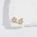 Star shaped gold earrings with green and purple enamel and hollow center design - Pentagram / Gold Purple Pentagram