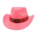 Detail eines rosa Western-Cowboyhuts mit braunem Lederband und Steer-Skull-Metallschnalle - Einheitsgröße / Fuchsia