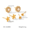 Detailed view of stainless steel earring set featuring zircon, pearls and flower studs - Pearl Flower Minimalist Gold Ball 3-Pair Set (HC-E10899)