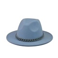 Macro detail of sky blue wool fedora hat featuring a stylish thick grey chain trim - Sky Blue(22)