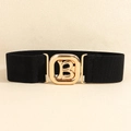 Black wide elastic belt for women featuring a polished golden B-shaped metal buckle - Black (19762)