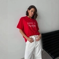 Oversize red t-shirt with Love Is Power letter print in a minimalist casual style - S / Red