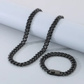 Black titanium 10mm Miami Cuban chain link necklace and bracelet set with box clasp - Width 10mm, Bracelet 21cm / Genius Club Black