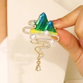 Elegant mountain scenery brooch with green enamel, pearls and a teardrop crystal - Green Landscape Artistic Style (S197)
