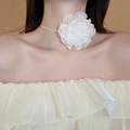 Elegant white organza 3D flower choker necklace with delicate silver glitter petals - 22# White Organza Camellia Choker