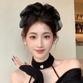 Elegant black set with chiffon flower headband, pearl earrings, and heart charm choker - Bow Spring Clip / Black