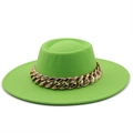 Neon green flat top wool felt fedora with a wide brim and decorative thick gold chain - M (56-58cm) / Fruit Green