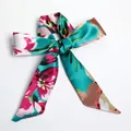 Lake green silk ribbon with pink floral patterns tied as a bow for hair or bags - S31-Lake Green Rose Pink Floral