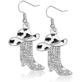 Silver western cowboy boot and hat drop earrings with sparkling zircon inlay crystals - Style 8 (Black Base Silver Boot)