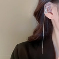 Elegant silver butterfly ear cuff with sparkling zircon fringe tassel on female model - Zircon Pearl Butterfly Tassel Ear Clip (Right Ear Single)