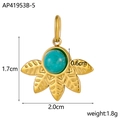 Detail of gold sun pendant with green stone inlay showing exact product dimensions - Flower Leaf Gold With Dark Turquoise (AP41953B-5)