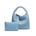 Handwoven light blue leather hobo bag and matching pouch set with intricate texture - Azure Blue