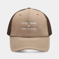 Close-up of Richardson style trucker hat with embroidered slogan and breathable mesh back - Khaki+Coffee