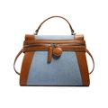 Blue denim and brown PU leather Kelly bag with twin zipper design and top handle - Large / Blue (Denim)