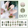 Detail of French style green press-on nails with pearls, plaid patterns and star designs - Green Pink Plaid Starburst (D577) / 24 Pcs/Set