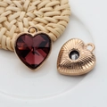 Golden 12mm heart pendants with deep red crystal and textured metal for DIY jewelry - Brown