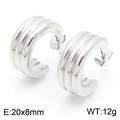 Classic silver French style C-shape stainless steel hoop earrings with triple groove design - Style B / Steel