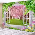 3D Kirschblüten Wald Wandteppich mit Fensterausblick Effekt für Schlafzimmer Deko - 150x130cm / 3D Falsches Fenster Kirschblütenstraße