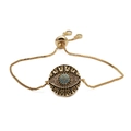 Detail of gold Evil Eye bracelet with blue crystal inlay and adjustable slider clasp - CB00167+Gold Box Chain-Gold Box Chain Evil Eye Multicolor Pave Zirconia