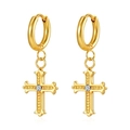 Elegant 18K gold plated cross hoop earrings with crystal center on a clean white background - Gold Cross Earrings A