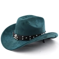 Faux suede teal western cowboy hat with studded leather band and silver skull emblem - M (56-58cm) / Dark Green