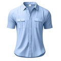 Detail of light blue linen shirt fabric texture and XL size neck label branding - Light Blue