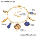 Vergulde roestvrijstalen kettingarmband met blauwe zirkoon oog en emaille bedeltjes - 16+5cm / Blauwe Emaille Armband