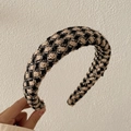 Knitted tweed headband in beige and black plaid with subtle metallic sparkle - Khaki Plaid Tweed Gold Thread