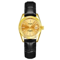 DEDIMA men's quartz watch with gold alloy case, black leather strap, and date display - Black Strap Gold Case Gold Dial Women's