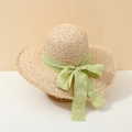 Women's woven straw sun hat with light green chiffon bow for summer beach vacation - M (56-58cm) / Green Ribbon