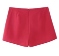 Flat lay of pink tailored high-waisted shorts with a concealed back zipper and woven texture - S / Shorts / Red Shorts