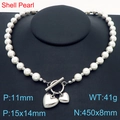 Elegant white shell pearl necklace featuring heart pendants and silver T-bar clasp - Silver Heart Shell Pearl Necklace (KN287678-Z)