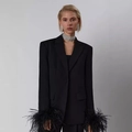 Slim fit black lapel cardigan blazer with rhinestone accents and feather sleeve cuffs - Black